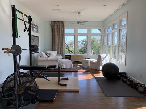 8 Awesome DIY Reader Home Gyms To Inspire You... And Us! - Emily Henderson Home Gym And Living Room Combo, Gym Living Room Combo, Gym Guest Room Combo, Living Room Gym Combo, Gym In Living Room, Home Gym Guest Room Combo, Office And Gym Combo Small Spaces, Gym And Guest Room Combo, Gym Guest Room