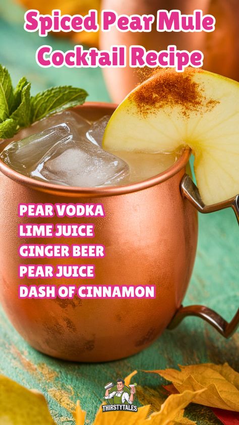 Discover the perfect Spiced Pear Mule Cocktail Recipe for your fall gatherings! This delightful twist on the classic Moscow Mule combines the warmth of spiced pears with zesty ginger beer, making it an ideal choice for Christmas party drinks. Elevate your celebrations with this unique cocktail recipe that embodies the essence of fall. Perfect for cozy evenings and festive occasions, this Pear Moscow Mule is a must-try for any cocktail lover. Holiday Rum Drinks, Pear Moscow Mule, Spiced Pears, Fruity Mixed Drinks, Unique Cocktail Recipes, Thanksgiving Cocktail Recipes, Christmas Party Drinks, Christmas Drinks Recipes, Moscow Mule Recipe