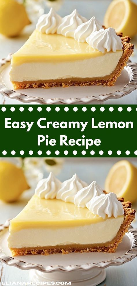 Discover the joy of baking with this Creamy Lemon Pie Recipe! It's a light and flavorful dessert that’s easy to prepare, perfect for impressing guests or satisfying your family’s sweet tooth. Lemon Cream Pie Recipe, Lemon Baked Goods, Creamy Lemon Pie, Easy Lemon Pie, Lemon Desserts Easy, Lemon Pie Recipe, Lemon Cream Pies, Citrus Desserts, Cream Pies