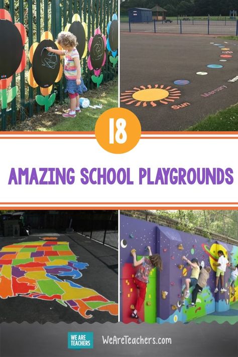 18 Awesome Ideas For School Playgrounds - WeAreTeachers Fun Playground Ideas, School Outdoor Classroom Ideas, Diy School Playground Ideas, School Backyard Ideas, Playground Chalk Ideas, Playground Wall Ideas, Outdoor School Playground Ideas, School Outdoor Decoration Ideas, Outside Playground Ideas For Preschool