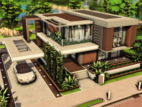 The Sims Resource - Modern Family House Family House Sims 4, Sims 4 Family House, Modern Suburban House, Large Glass Windows, House Sims 4, Sims 4 Modern House, Big Modern Houses, The Sims 4 Lots, Modern Family House