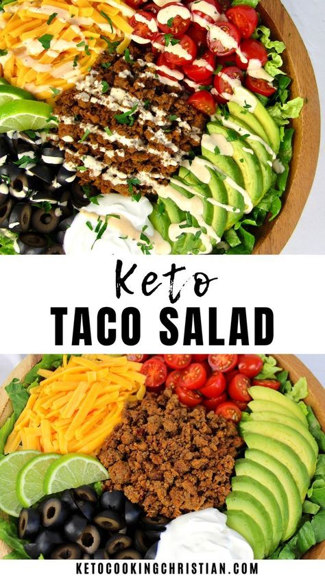 This easy Keto Taco Salad recipe has all the mouth-watering flavors of tacos with savory taco meat, fresh veggies and creamy homemade chipotle dressing the whole family will love. #ketosalad… Salads Keto, Ketosis Diet Recipes, Keto Meatloaf, Keto Vegetables, Lunch Keto, Coffee Keto, Keto Taco Salad, Keto Salads, Bread Keto