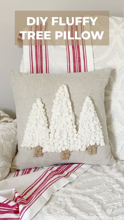 DIY FLUFFY TREE PILLOW 🎄I think we are all about making COZY spaces right now and the soft, cuddly trees on this pillow are extra cozy!… | Instagram Hooked Christmas Pillows, Felt Christmas Pillows Diy, Holiday Pillows Christmas, Christmas Tree Pillow Covers, Easy Christmas Pillow Covers, Pillow Cover Diy Ideas, Sweater Christmas Trees Diy, Christmas Pillows To Make Sewing, Boho Christmas Pillows