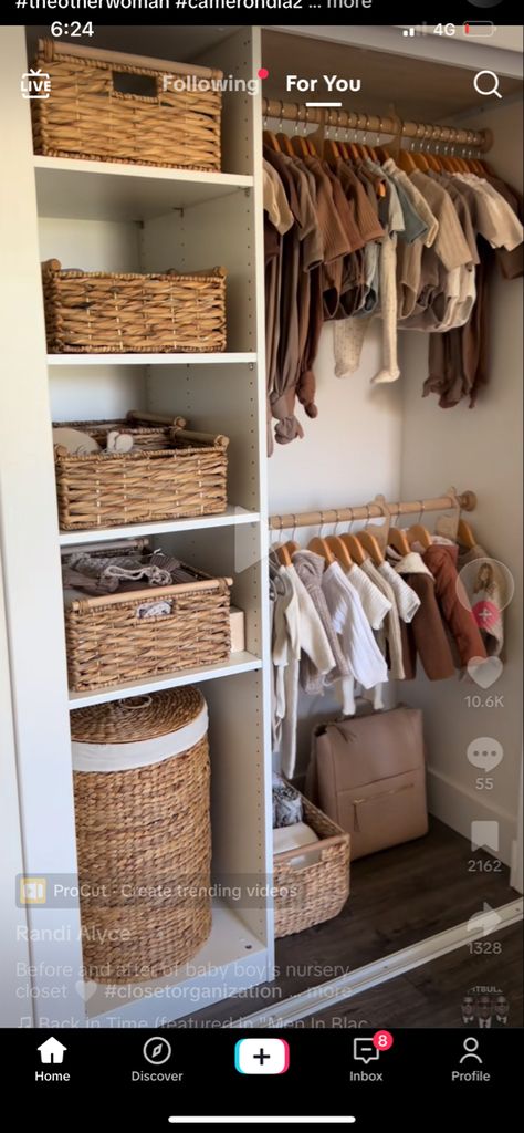 Exposed Closet Nursery, Nursery Closet Built In, Nursery Closet Without Doors, Custom Nursery Closet, Nursery Open Closet Ideas, Nursery Clothes Rack, Small Nursery Organization Ideas, Toddler Boy Closet, Small Nursery Closet Organization