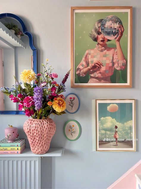 Pastel Entryway, Colorful Entryway Ideas, Woman With White Hair, Disco Ball Art, Maximalist Boho, 60s House, Artistic Room, Coral Walls, Craft Space