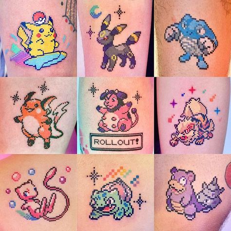 Your nostalgia. #pixeltattoo on Instagram: "What’s your favorite Pokemon (1-9)?❤️ Plz let me know your favorite Pokemon :) NYC🇺🇸 booking for Sept is available now💜 Sponsored by @emalla.official #pokemon #pokemontattoo" Kawaii, Pokemon Unknown Tattoo, Pokemon Tattoo Pixel, Pokemon Sprite Tattoo, 8 Bit Pokemon Tattoo, Togekiss Tattoo, Pixel Pokemon Tattoo, Pokémon Tattoo Ideas, Traditional Pokemon Tattoo