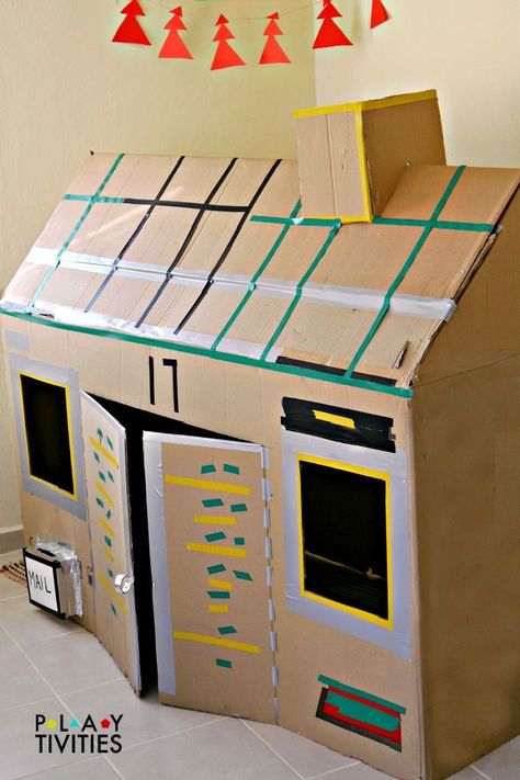 How To Build The Most Simple Cardboard House from just 1 cardboard box. Kids will play in this cardboard box for hours!! Simple Cardboard House, Cardboard Box Fort, Cardboard Houses For Kids, Cardboard Boxes Kids, Cardboard Forts, Cardboard Box Houses, Cardboard Play, Cardboard Playhouse, Cardboard Box Crafts