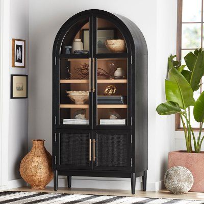 Rattan Cabinet Doors, Black Display Cabinet, Rattan Cabinet, Wide Bookcase, Salon Suites, Organization Furniture, Tempered Glass Door, Cabinet Door Handles, Inspire Me Home Decor