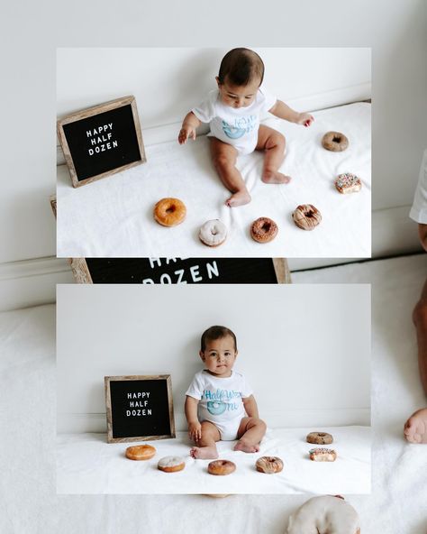 Half Dozen Baby Photoshoot, Happy Half Dozen 6 Months, Half Dozen Birthday Photo, Donut Grow Up Photoshoot, Half Dozen Birthday, Half A Dozen Donuts For 6 Months, Outside Baby Pictures, Half Dozen Photo Shoot, Half Birthday Ideas For Boys Photoshoot