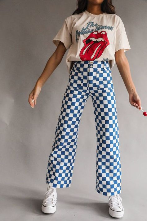 NEW ARRIVALS Colorful Pants Aesthetic, Groovy Clothes Outfits, Fun Trousers Outfit, Wide Leg Checkered Pants Outfit, Funky Outfit Inspiration, French Themed Outfit, Creative Aesthetic Outfit, Fun Clothing Styles, Fun Jeans Outfit