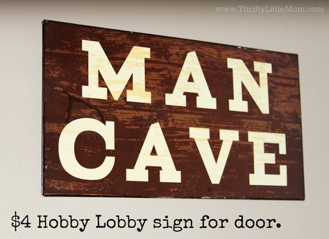 How to Create a Man Cave on a Budget » Thrifty Little Mom Home Bar Designs Diy, Man Cave Ideas Sports, Man Cave Inspiration, Hobby Lobby Signs, Industrial Man Cave, Pallet Signs Diy, Ultimate Man Cave, Man Cave Basement, Man Cave Home Bar