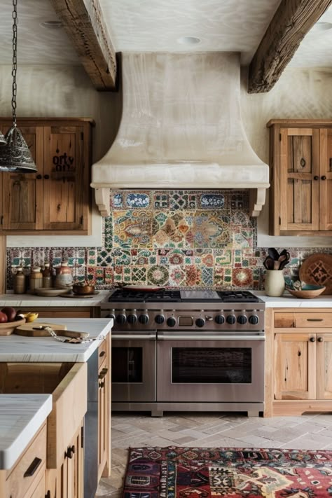 Explore 27 boho kitchens featuring vibrant Moroccan wall tiles, pairing perfectly with natural wood cabinets. Get inspired with these trendy and eclectic kitchen designs. Inject personality into your home with these unique yet stylish decor ideas for your kitchen. Peruvian Kitchen Design, Italian Home Kitchen, Moroccan Interior Design Kitchen, Mediterranean Tile Kitchen, Moroccan Inspired Kitchen, Morrocan Kitchen Ideas, Traditional House Kitchen, Wood And Tile Kitchen, Eclectic Decor Kitchen