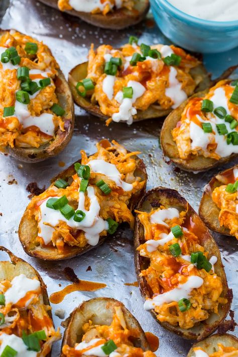 Buffalo Chicken Stuffed Potatoes, Buffalo Chicken Potato Skins, Buffalo Chicken Baked Potato, Buffalo Chicken Potato, Gameday Recipes, Football Recipes, Potatoe Skins Recipe, Superbowl Food, Spicy Southern Kitchen