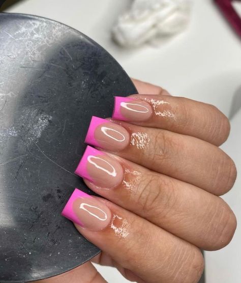 Pink Tip Nails, Short Square Nails, Colored Acrylic Nails, French Tip Acrylic Nails, Her Nails, Pink French, Work Nails, French Acrylic Nails, Short Square Acrylic Nails