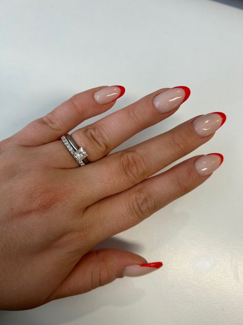 Red French Nails, Valentines Nails, Red Tips, Oval Manicure, Acrylic French Nails French Nails Valentines, Nails Red Tips, Valentines Nails Red, Acrylic French Nails, Oval Manicure, Red French Nails, Reverse French, Red Tips, Acrylic French