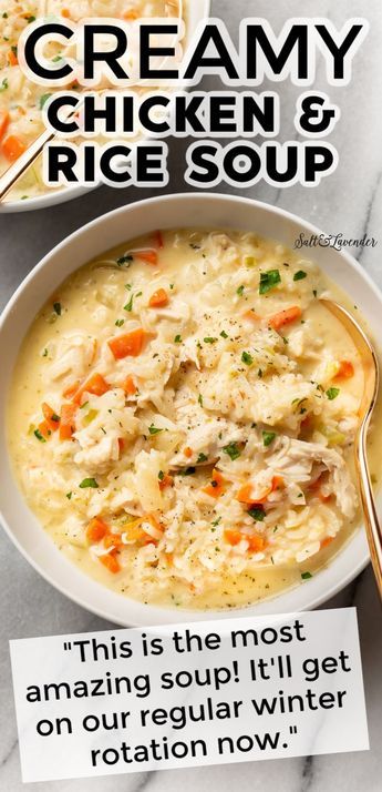 Creamy Chicken And Rice Soup, Creamy Chicken And Rice, Chicken Rice Soup, Homemade Soup Recipe, Crockpot Soup Recipes, Delicious Soup Recipes, Soup Dinner, Rice Soup, Chicken Soup Recipes