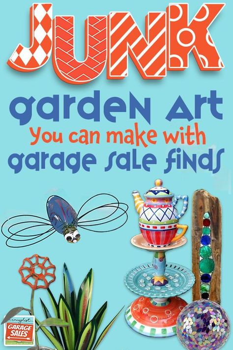 Inspiring examples of repurposed Junk Garden Art you can make with garage sale finds - video + 28 Junk Garden Art Tutorials Junk Yard Art Ideas, Diy Yard Art Crafts, Junk Garden Ideas Repurposed, Diy Yard Art From Junk, Yard Art From Junk Repurposing, Yard Decorations Diy, Yard Art From Junk, Camp Decorations, Recycled Yard Art