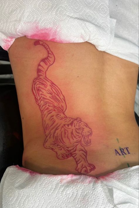 Tiger Thigh Tat, Tiger On Hip Tattoo, Pretty Tattoos For Women Back, Tiger Thigh Tattoo For Women, Horizontal Back Tattoo, Hip Tattoo Men, Work Of Art Tattoo, Red Tiger Tattoo, Big Back Tattoos For Women