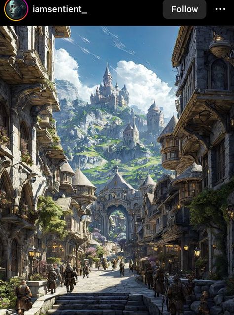 Lakeside Town Fantasy Art, Dnd Kingdom Art, Fantasy World Building Art, Fantasy World City, Town Fantasy Art, Fae City, Fantasy City Aesthetic, Fantasy City Concept Art, Fantasy Mine