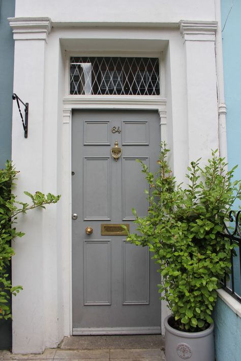 Grey painted front door in London. Hello Lovely Studio. Come tour these gorgeous front doors in Notting Hill and Holland Park...certainly lovely indeed. Curb appeal and Paint Color Inspiration. Lovely London Doors & Paint Color Ideas! Colors For Front Doors, Dark Grey Front Door, London Doors, Grey Front Door, Orange Front Doors, Grey Front Doors, Blue Nursery Boy, Dark Grey Paint, Side Entrance