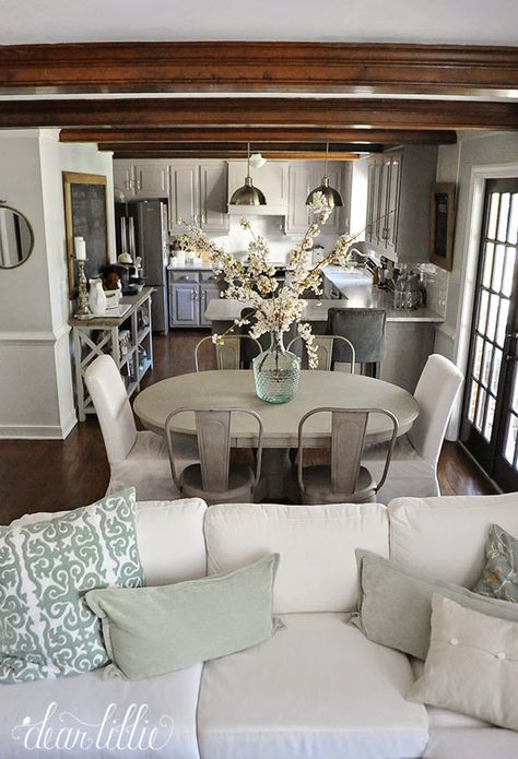 Flip this layout and it would work for the cottage! Decorating with Neutrals - Driven by Decor Small Dining Room Decor, Small Dining Room Table, Dining Room Remodel, Living Room Furniture Arrangement, Dining Room Table Decor, Open Concept Living Room, Dining Room Combo, Open Living Room, Country Living Room