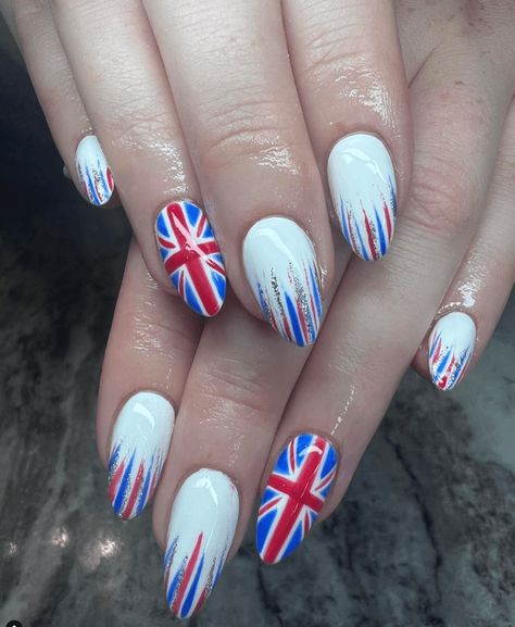 British Flag Nails, Union Jack Nails, Jack Nails, White And Blue Nail, Europe Nails, Royal Nails, Royals Nails, Patriotic Nails Design, Flag Nails