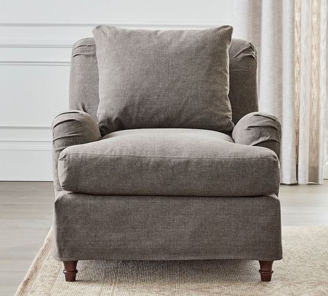 Slipcover Club Chair, Farmhouse Armchair Living Room, Cottage Armchair, Accent Chair Ideas, English Roll Arm Chair, Slipcovered Armchair, Pottery Barn Chair, Den Room, Slipcovered Chair