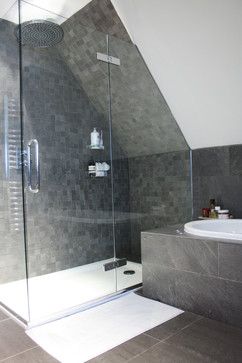 Angled Ceiling Bathroom Design – using rainfall showerhead to deal with roofline issues Angled Ceiling Bathroom, Sloped Ceiling Bathroom, Attic Shower, Attic Bathroom Ideas, Small Attic Bathroom, Ceiling Bathroom, Angled Ceiling, Small Bedroom Remodel, Loft Bathroom