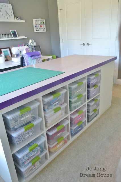 Organized Craft Room, Ikea Sewing Rooms, Craft Room Tables, Craft Table Diy, Ikea Crafts, Sewing Room Inspiration, Sewing Room Storage, Ikea Bookshelves, Sewing Room Design