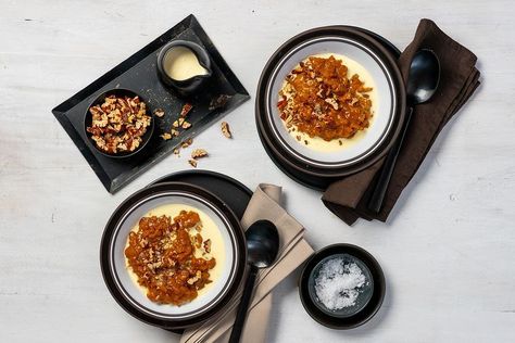 Combine your winter favourites with this salted caramel rice pudding. Rice Pudding Recipe, Creamed Eggs, Toasted Pecans, Rice Pudding, Bean Paste, Gluten Free Vegetarian, Salted Caramel, Vanilla Bean, Junk Food