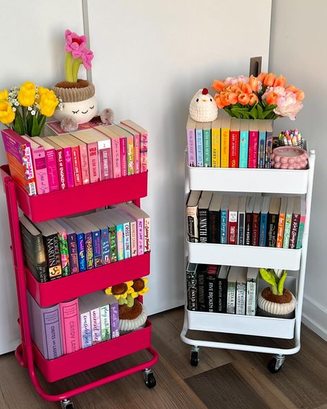 Look how adorable these carts with all their plushies, I am so happy with how my book corner is coming along and wanted do a lil cart pic today 💓🌷 QOTD: how do you organize your book collection? (By author/ genre/ colour/ feeling/ something else?) I hope everyone is having a great weekend (or long weekend 🇨🇦) I’m hoping to get a lot more reading done today so I can be all finished up with my current fantasy arcs and move on to some romance books for the rest of August! I want to read my arc... Moving Bookshelf, Book Carts Aesthetic, Reading Cart, Reading Nook Aesthetic, Redo My Room, Book Trolley, Tbr Cart, Book Caddy, Bedroom Library