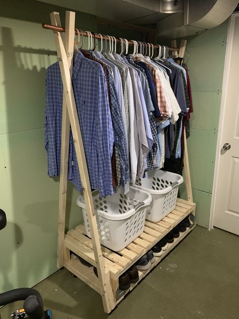 DIY project, custom made clothes rack Diy Shirt Display Rack, 2x4 Clothes Rack, Homemade Clothing Rack, How To Make A Clothes Rack, Diy Baby Clothes Rack, Open Clothes Rack, Diy Clothes Rack Wood, Clothing Rack Diy, Diy Garment Rack