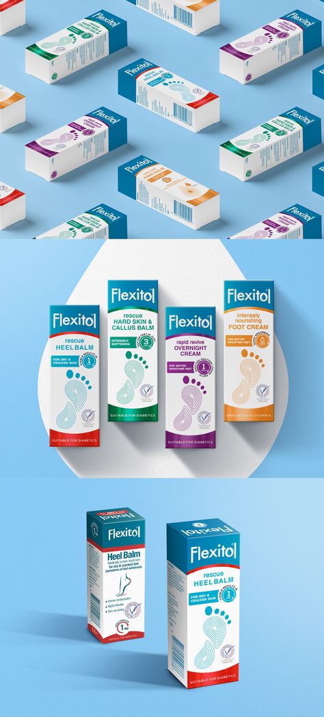 Brandon - Flexitol Puts Its Best Foot Forward With New Packaging Design by Brandon – Challenge: Flexitol is the brand leader in foot skincare and is growing in line with the category, but with a long-term vision ‘to provoke and inspire people to engage positively with the condition of their feet’, Flexitol wanted to bring its revised proposition of ‘health and wellbeing for feet’ to life on pack. – #medical #healthcare #packagingdesign #wbds Pharmacy Packaging Design, Packaging Design Medicine, Medical Box Design, Pharma Packaging Design, Pharmaceutical Packaging Design, Medical Packaging Design, Medicine Packaging Design, Toothpaste Packaging, Medicine Box Design