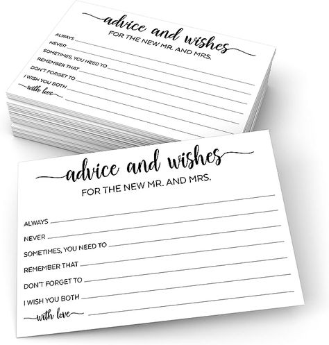 Amazon.com : 321Done Advice & Wishes for the Mr & Mrs, 4x6 White (50 Cards) Made in USA, Wedding Advice for Bride Groom Newlyweds Bridal Shower, Thick Luxury Cardstock with Simple Script Minimalist Design : Office Products Reception Entertainment, Wishes For The Bride, Wedding Advice Cards, Fun Bridal Shower Games, Advice For Bride, Luxury Card, Advice Cards, Love Advice, Guest Book Alternatives