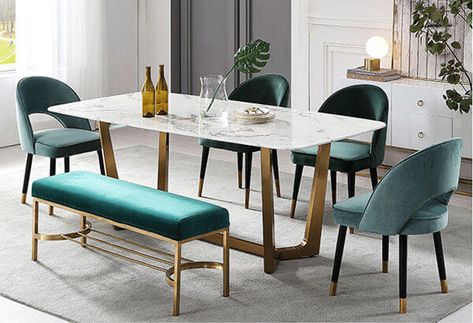 Good Quality green velvet dining chairs set Velvet Chairs Dining Table, Dining Tables With Benches, Dining Table Design With Bench, Dining Table With Green Chairs, Dining Table With Bench And Chairs, Carpet In Dining Room, Green Velvet Dining Room, Dining Table Chairs Design, Dining Table Ideas Modern