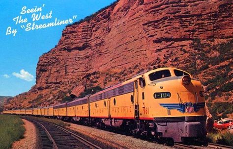 A Union Pacific company photo featuring train #104, the eastbound "City of Los Angeles" (Los Angeles - Chicago). Union Pacific Train, Train Photos, Florida East Coast, Passenger Train, Train Posters, Burlington Northern, Union Pacific Railroad, Railway Posters, Orient Express