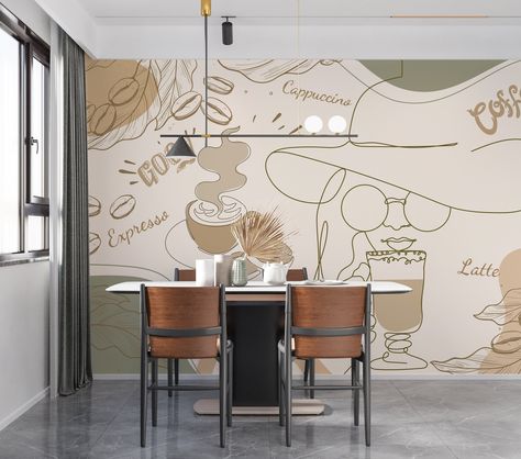 Cafeteria Wall Graphics, Coffee Shop Wallpaper, Wallpaper Mid Century Modern, Cafe Mural, Wallpaper Mid Century, Mural Cafe, Mid Century Modern Wallpaper, Modern Coffee Shop, Coffee Pattern