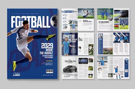 Football Magazine Template, Print Templates ft. football & college - Envato Elements Football Magazine Design, Magazine Sport Design, College Magazine Cover Design, Sports Magazine Layout Design, Sport Magazine Design, Magazine Layout Design Templates, Sports Magazine Layout, Text Layout Design, Sport Magazine Cover