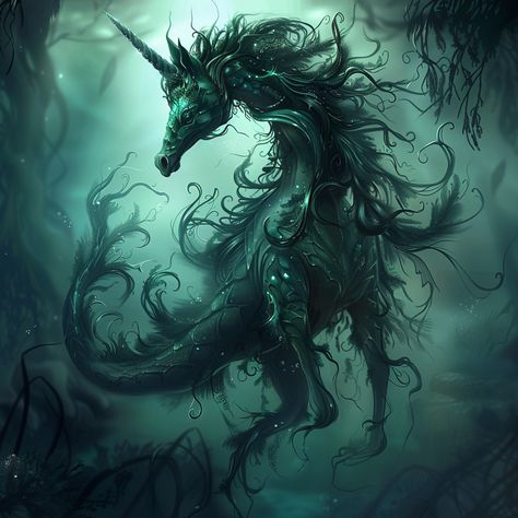 Dive deep into the mystical underwater realm of the unicorn kelpie, a mysterious creature that glides gracefully among the floating seaweed. With its sleek, shimmering body and enigmatic presence, this kelpie enchants all who glimpse its ethereal beauty. #Unicorn #Kelpie #UnderwaterMystery #Magic #FantasyCreatures Kelpie Horse Mythological Creatures, Kelpies Mythology, Kelpie Character Design, Kelpie Aesthetic, Kelpie Tattoo, Kelpie Art, Creepy Unicorn, Kelpie Horse, Magical Creatures Mythology