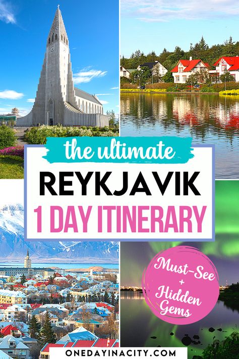 The Ultimate Reykjavik 1-Day Itinerary: Must-See + Hidden Gems. Images of Reykjavik Iceland northern lights, skyline and mountains, church, and homes in Reykjavik. Downtown Reykjavik Iceland, 1 Day In Reykjavik, Reykjavik Iceland Northern Lights, Europe Train, Europe On A Budget, Europe Photography, Thermal Pool, Iceland Reykjavik, City Pictures