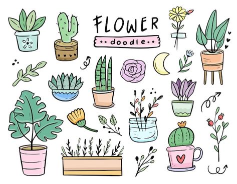 Plants Cartoon Drawing, How To Draw A Flower Pot, Flower Pot Art Drawing, Flower In Pot Drawing, Potted Plant Doodles, Flower Pot Doodle, Plant Pot Drawing, Cute Plant Doodles, Doodles Plants