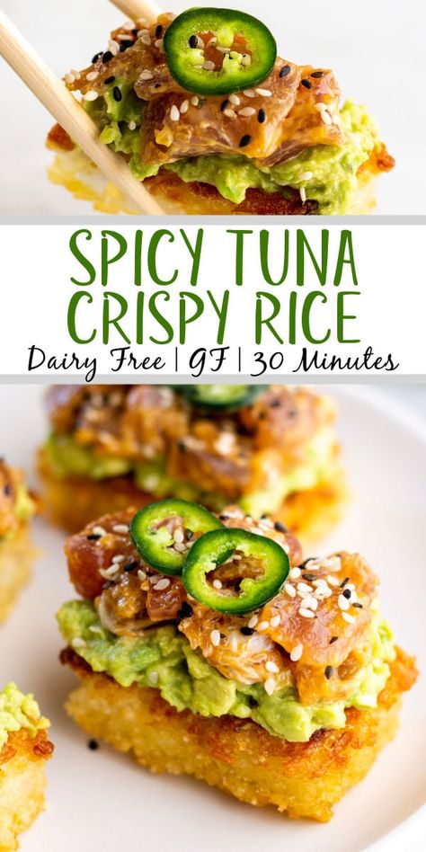 Dairy Free Tuna Recipes, Dairy Free Appetizer, Spicy Tuna Crispy Rice, Tuna Crispy Rice, Whole 30 Approved Foods, Healthy Grains Recipes, Easy Tuna Recipes, Low Cal Dinner, Amanda Nighbert