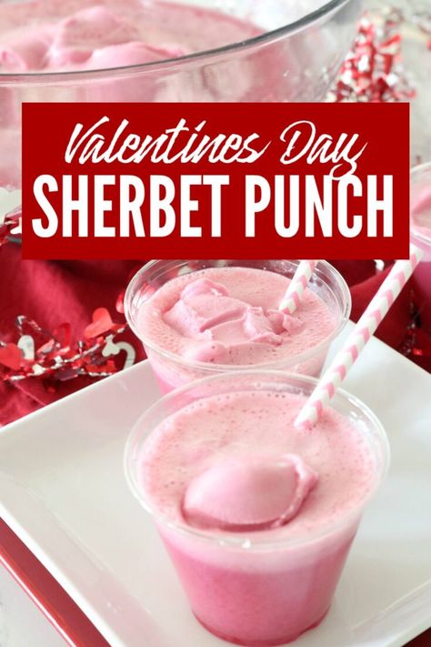 This Pink Sherbet Punch Recipe Made With Sprite is the Perfect Punch Recipe for Valentines Day Parties, Baby Showers and more.  #punch #pink #sherbert #sprite #lemonlime #gingerale #valentinesday #babyshower #party #foracrowd #kidfriendly #drink Raspberry Sherbert Punch Recipes, Valentine’s Day Punch, Valentines Punch, Best Sherbet Punch Recipe, Lime Sherbert Punch, Valentine's Snacks, Valentine Punch, Sorbet Punch, Valentines Things