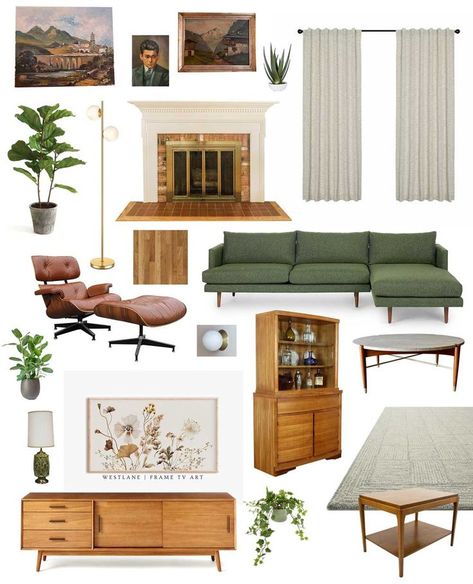 Mid-Century Living Room Decor Inspiration Home Decor Boards Interior Design, Vintage Green Couch Living Room, Vintage Mcm Living Room, Mid Century Modern Living Room Layout, Modern Living Room Mood Board, Cozy Mid Century Modern Living Room, Mid Century Living Room Decor, Living Room Mood Board, Mcm Living Room