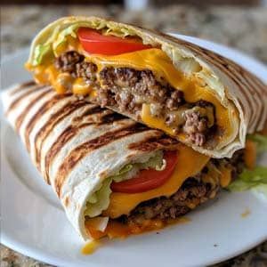 Grilled Cheeseburger Wraps Recipe Wrap Ingredients, Sausage And Potatoes Skillet, Cheeseburger Wraps, Homemade Nachos, Beef Wraps, Nacho Cheese, Shredded Lettuce, Diced Tomatoes, Flour Tortillas