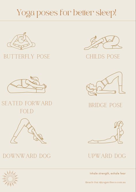 Try these yoga poses for better sleep before bed. Calming your body and mind. Bed Time Stretches, Before Bed Stretches, Sleep Stretches, Workout Before Sleep, Bedtime Yoga Poses, Yoga For Better Sleep, Mckenzie Exercises, Yoga For Sleep, Lacrosse Training