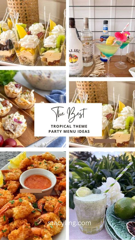 Looking for tasty recipes for a tropical theme party? Wait until you try these insanely good summer-inspired menu ideas. Summer Christmas Menu Ideas, Tropical Theme Food Ideas, Tropical Menu Ideas, Margaritaville Food Ideas, Tropical Food Ideas Party, Party Food Ideas Easy, Caribbean Theme Party, Luau Christmas, Tropical Party Foods