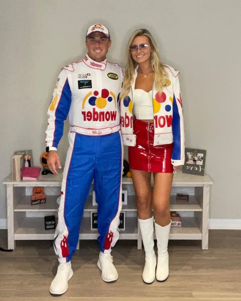 Couples Halloween Costume Talladega Nights, Talladega Nights Wife Costume, Couples Race Car Costumes, Taladaganights Costume Couple, Top Costumes 2023, Nascar Couples Costume, Talledaga Nights Couples Costumes, Taladaganights Couple Costume, Ricky And Carly Bobby Costume