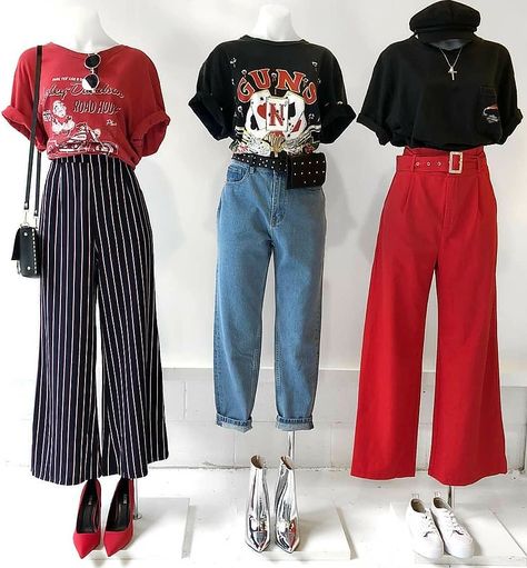 black and red spring summer outfit striped wide leg pants red trousers band t shirt Dark Academia Aesthetic Outfit Woman, Dark Academia Aesthetic Outfit, Indie Clothing, Red Trousers, Ulzzang Fashion, Friend Outfits, Couple Outfits, Kpop Outfits, Korean Outfits