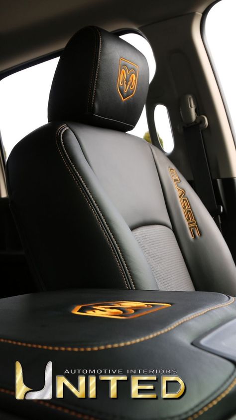 Photo of leather vehicle seats in black with orange stitching and orange logo embroidery for the Ram 1500 Classic Ram 1500 Custom, Chilliwack Bc, Ram 1500 Classic, Automotive Upholstery, Custom Seat Covers, Upholstery Repair, Leather Seat Covers, Leather Seats, Bc Canada